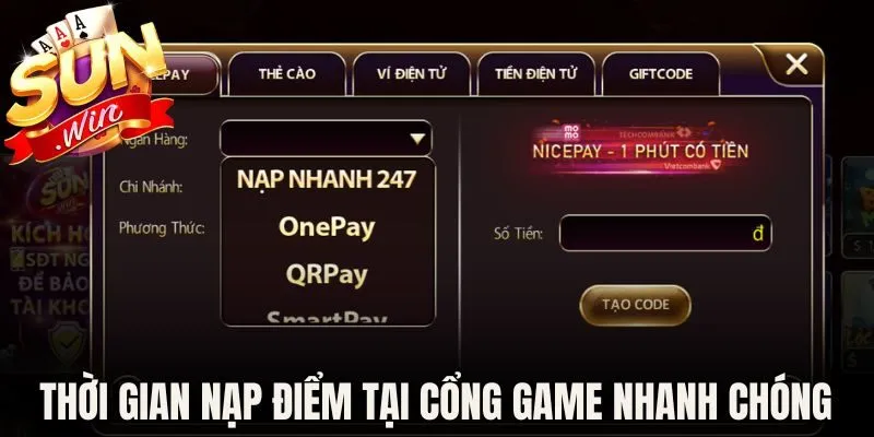 Thời gian nạp điểm tại cổng game nhanh chóng